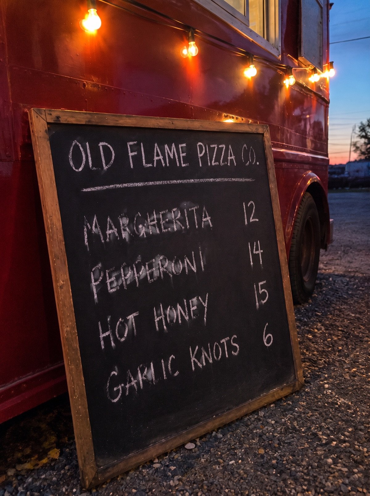 Old Flame Pizza Co. chalkboard menu leaning on the red truck at dusk under string lights