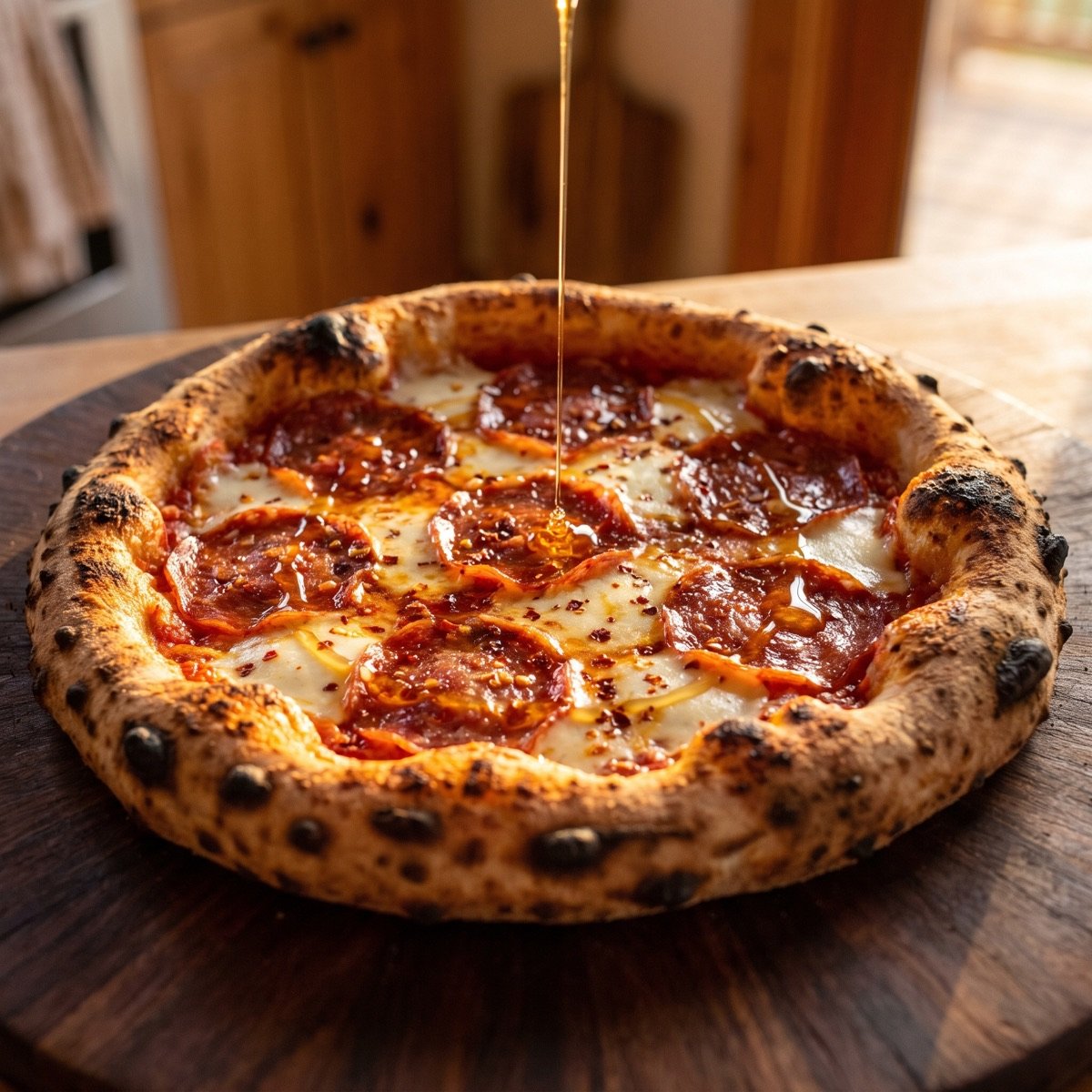 Hot honey drizzling onto a spicy salami pizza on a wooden board