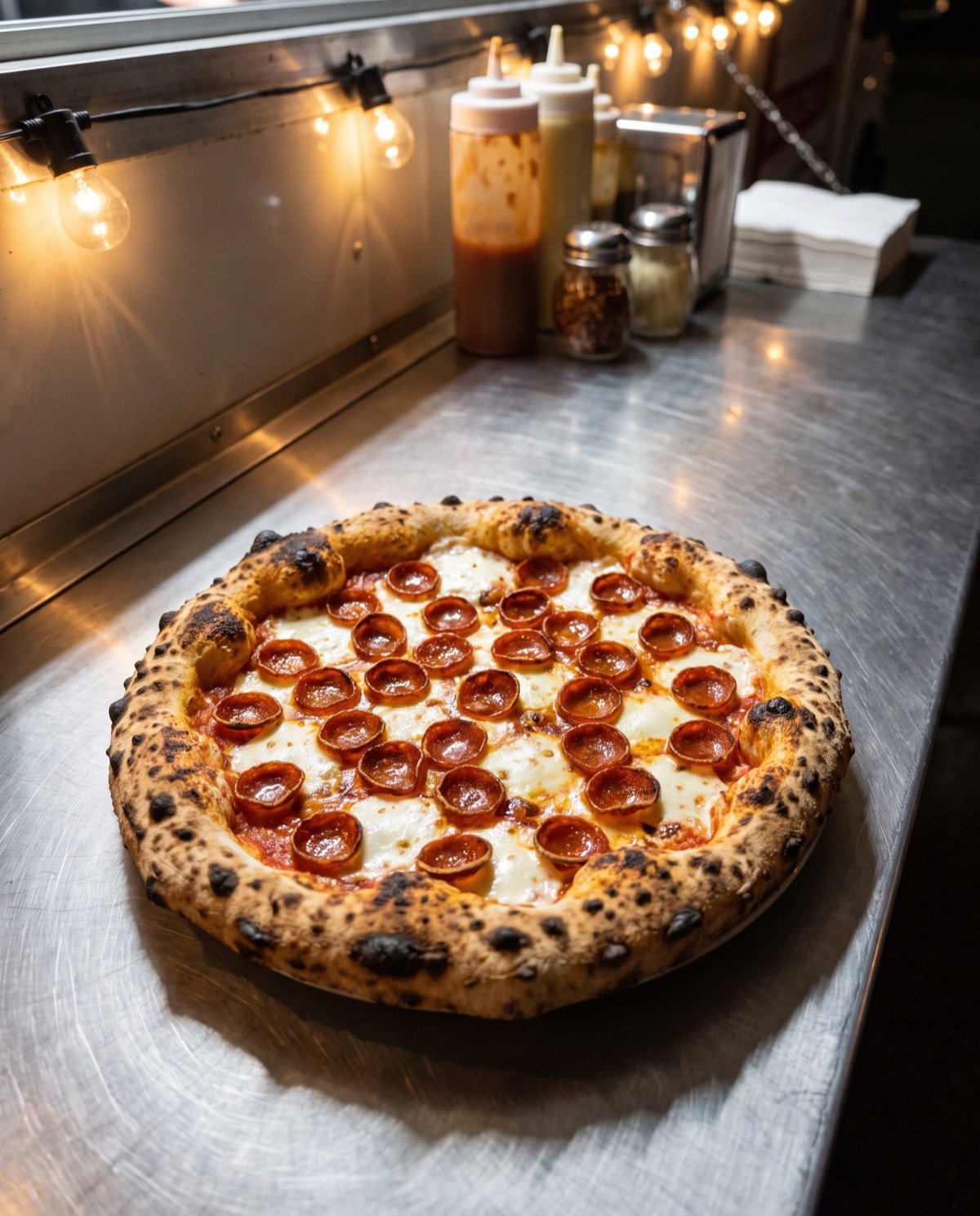 Pepperoni pizza with crispy curled pepperoni cups on a steel counter