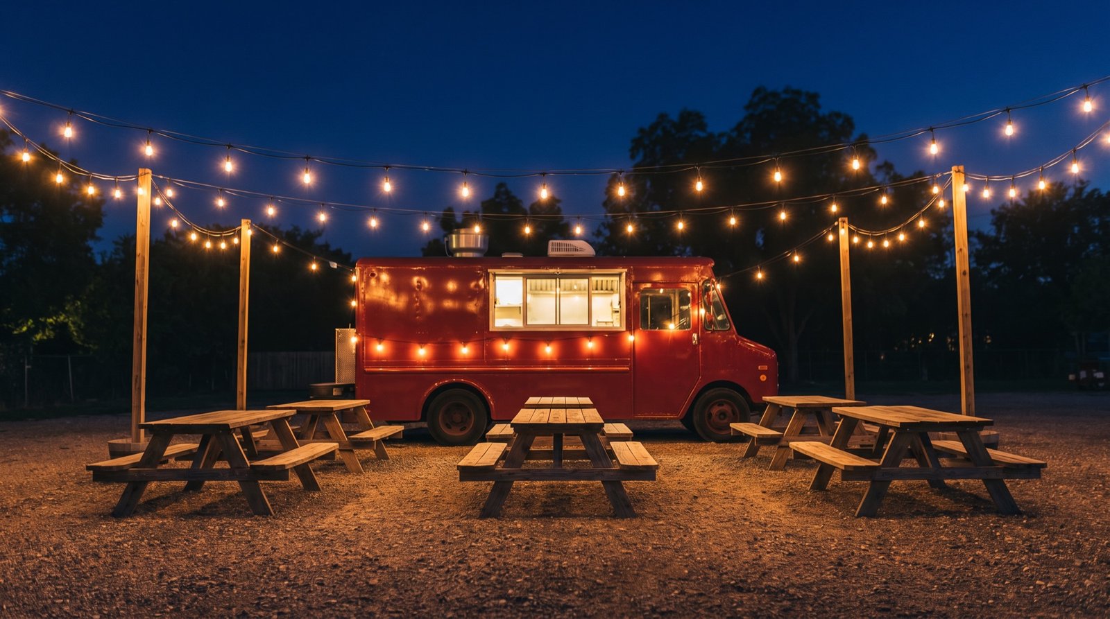 Red food truck parked in a gravel lot at night with picnic tables and string lights overhead